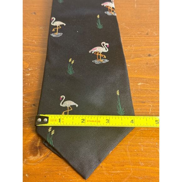 Polo Ralph Lauren Silk Flamingo Tie Cattails Made USA Handmade Vtg Black Gray - Picture 8 of 8